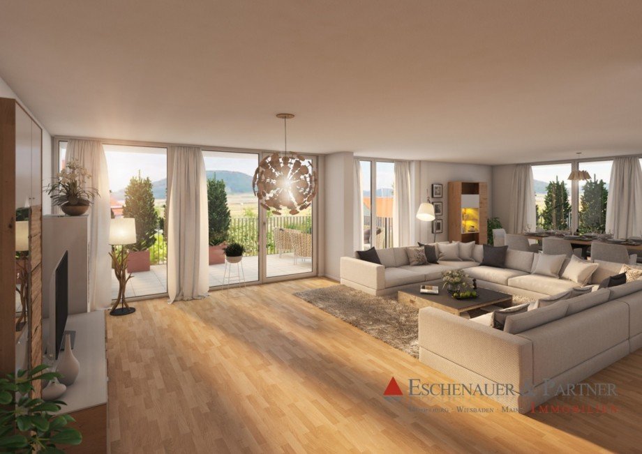 Visualisierung - So k�nnte das Wohnzimmer zusammengelegt mit Esszimmer und K�che zuk�nftig aussehen. Etagenwohnung Heidelberg