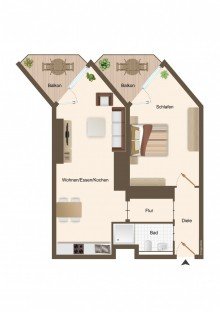Grundriss Teilm�blierte 2 ZKB mit 2 Balkonen, Tiefgaragenstellplatz und Personenaufzug in Leimen